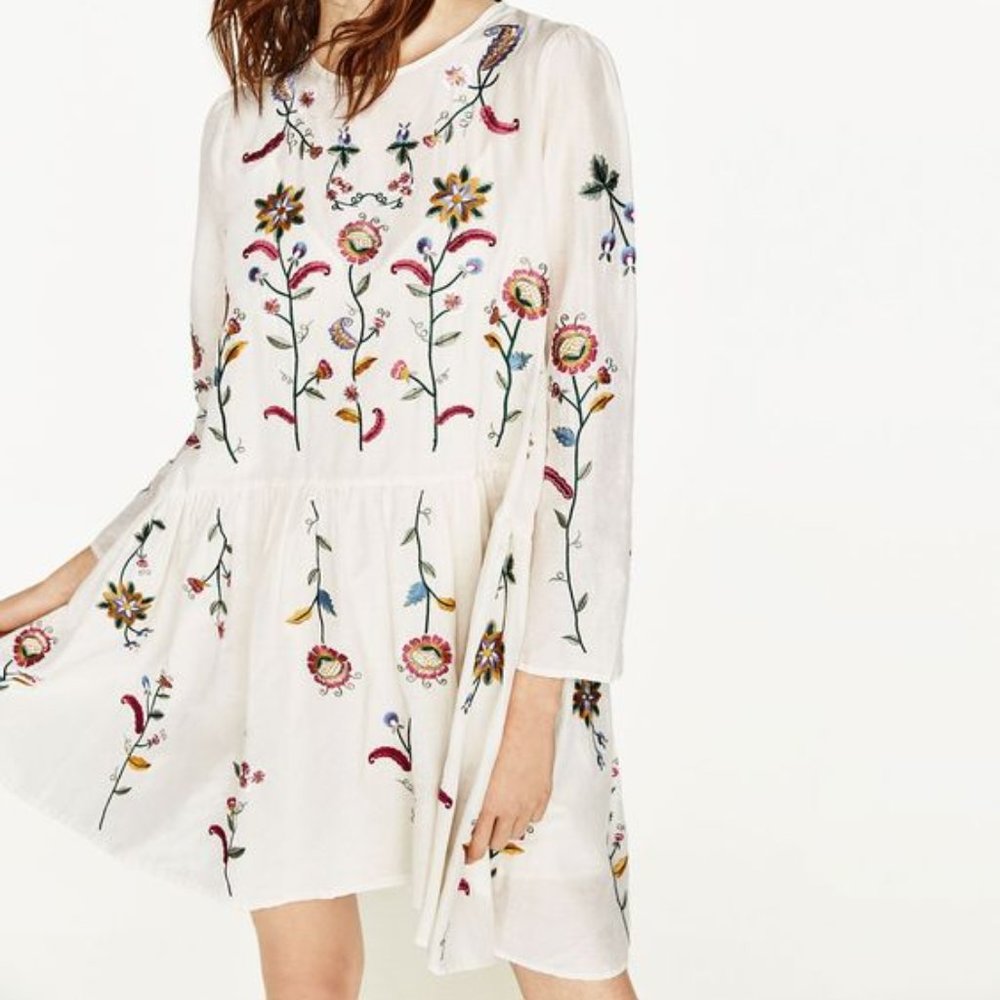 Zara Mulberry Silk Embroidered Floral Dress